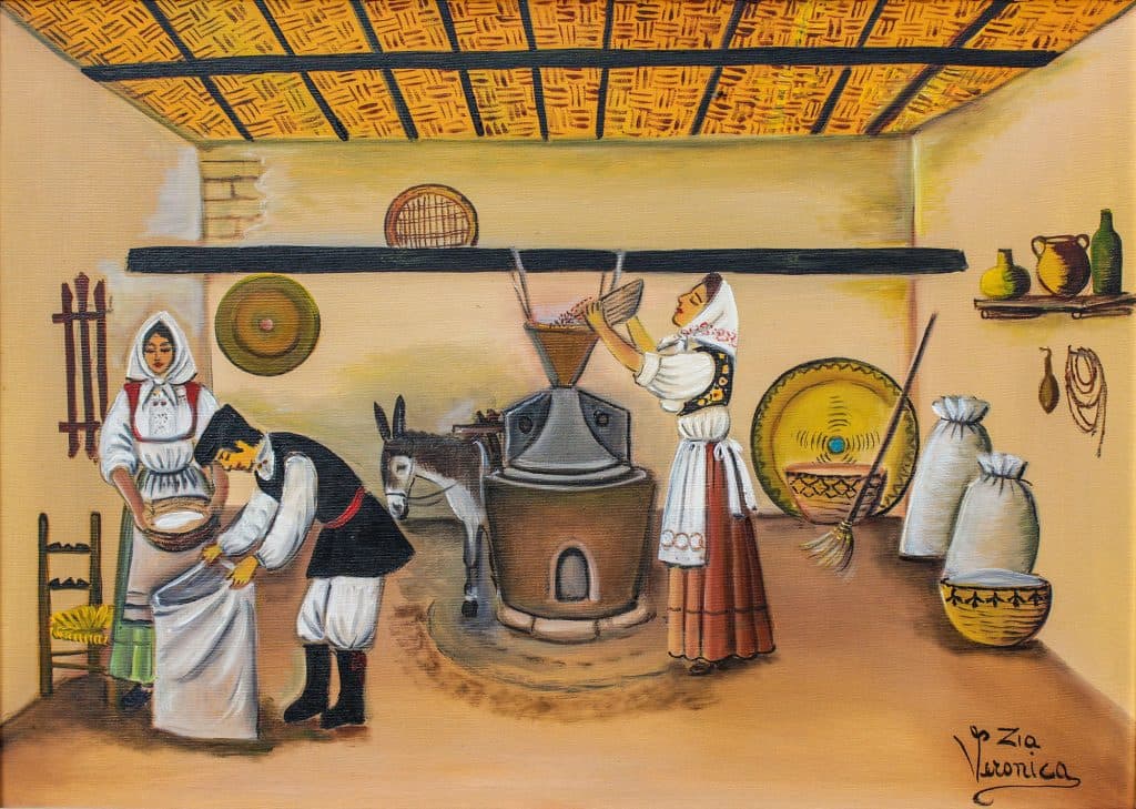 La molitura con l’asino, olio su tela, 70x50 cm