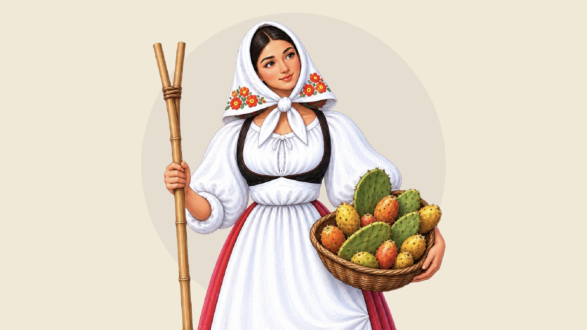 Illustrazione di una contadina in costume sardo con la canna per raccogliere i fichi d'India e un cestino colmo di frutti