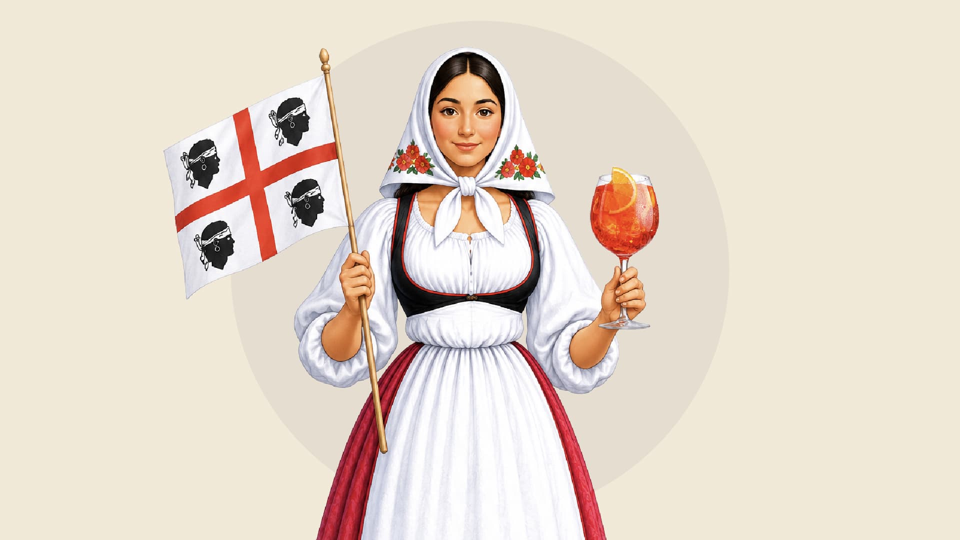 Illustrazione di una donna in costume sardo con la bandiera dei quattro mori e un bicchiere di spritz