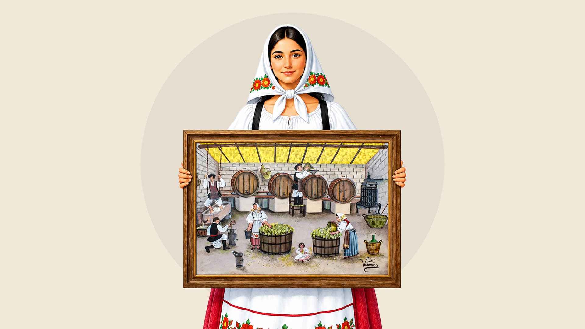 Illustrazione di una donna in costume sardo che mostra un quadro con la scena della vendemmia, firmato Veronica