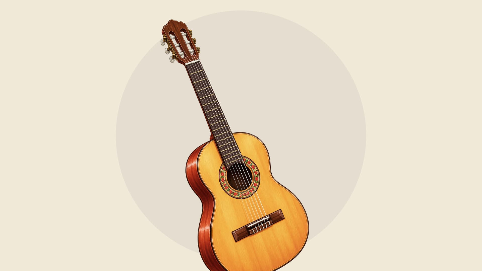 Illustrazione di una chitarra classica con la rosetta decorata a fiori sardi