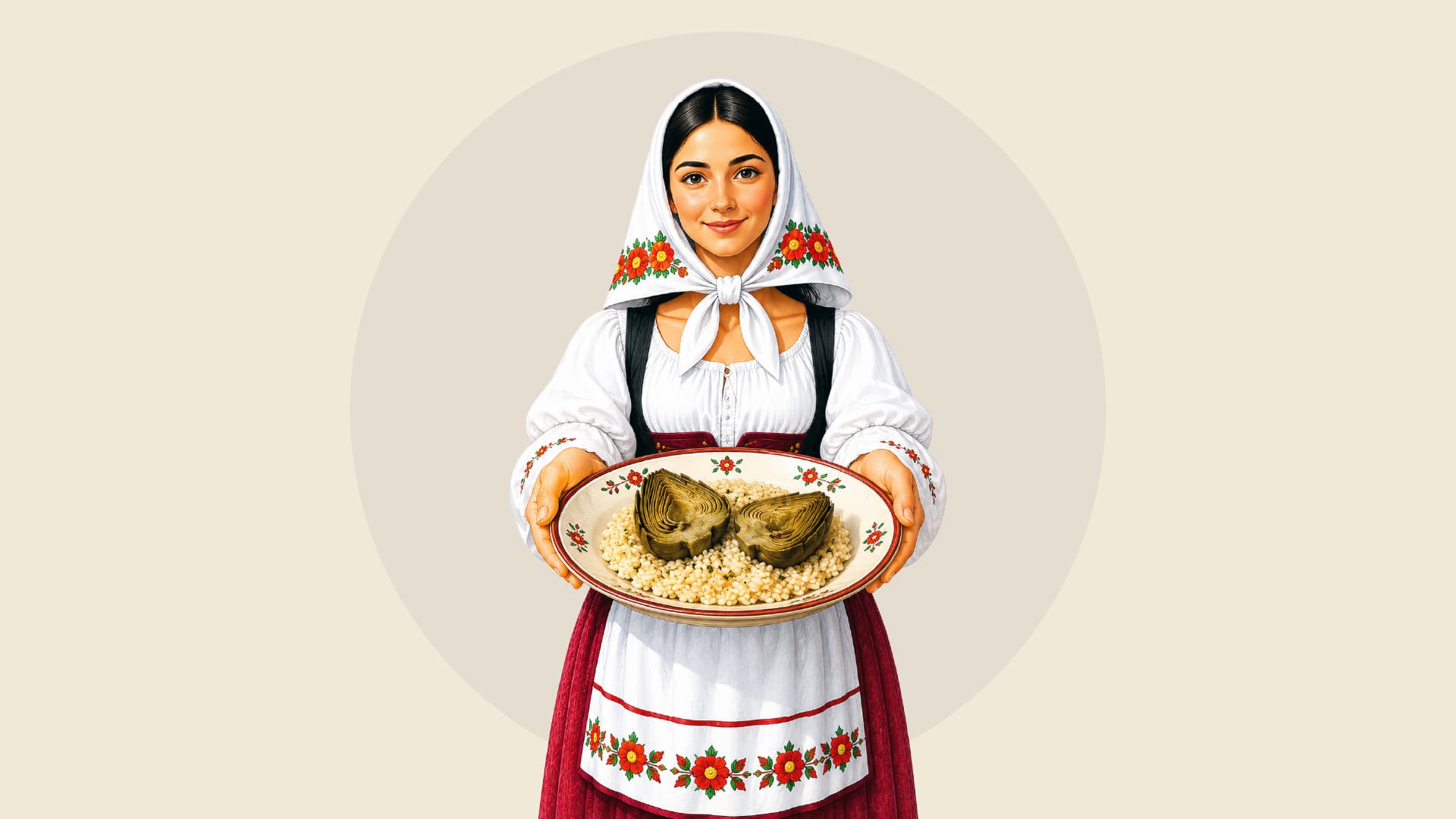 Illustrazione di una donna in costume sardo che porge un piatto di riso e carciofi