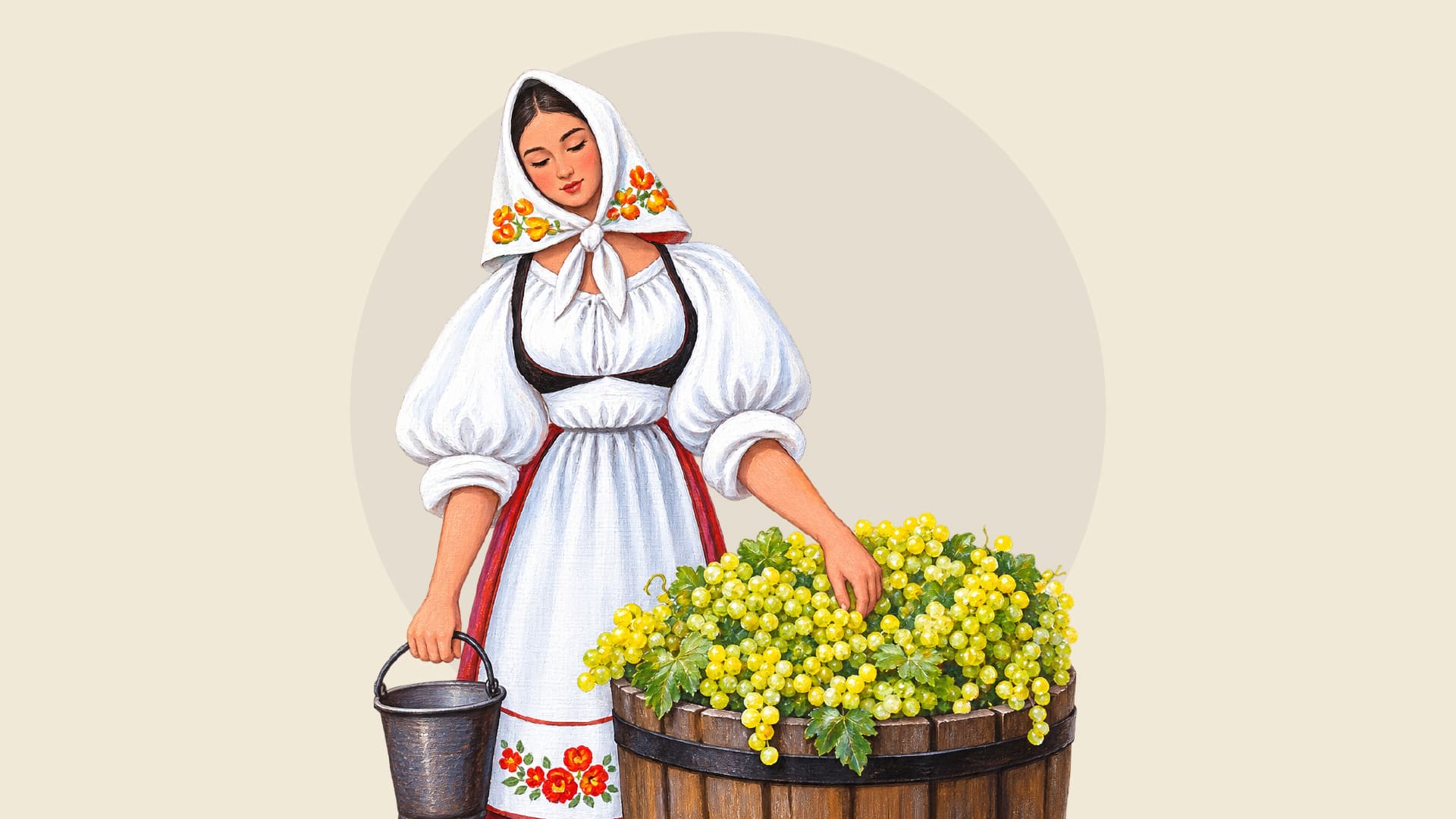 Illustrazione di una donna in costume sardo che raccoglie uva bianca da un tino, con il secchio a terra