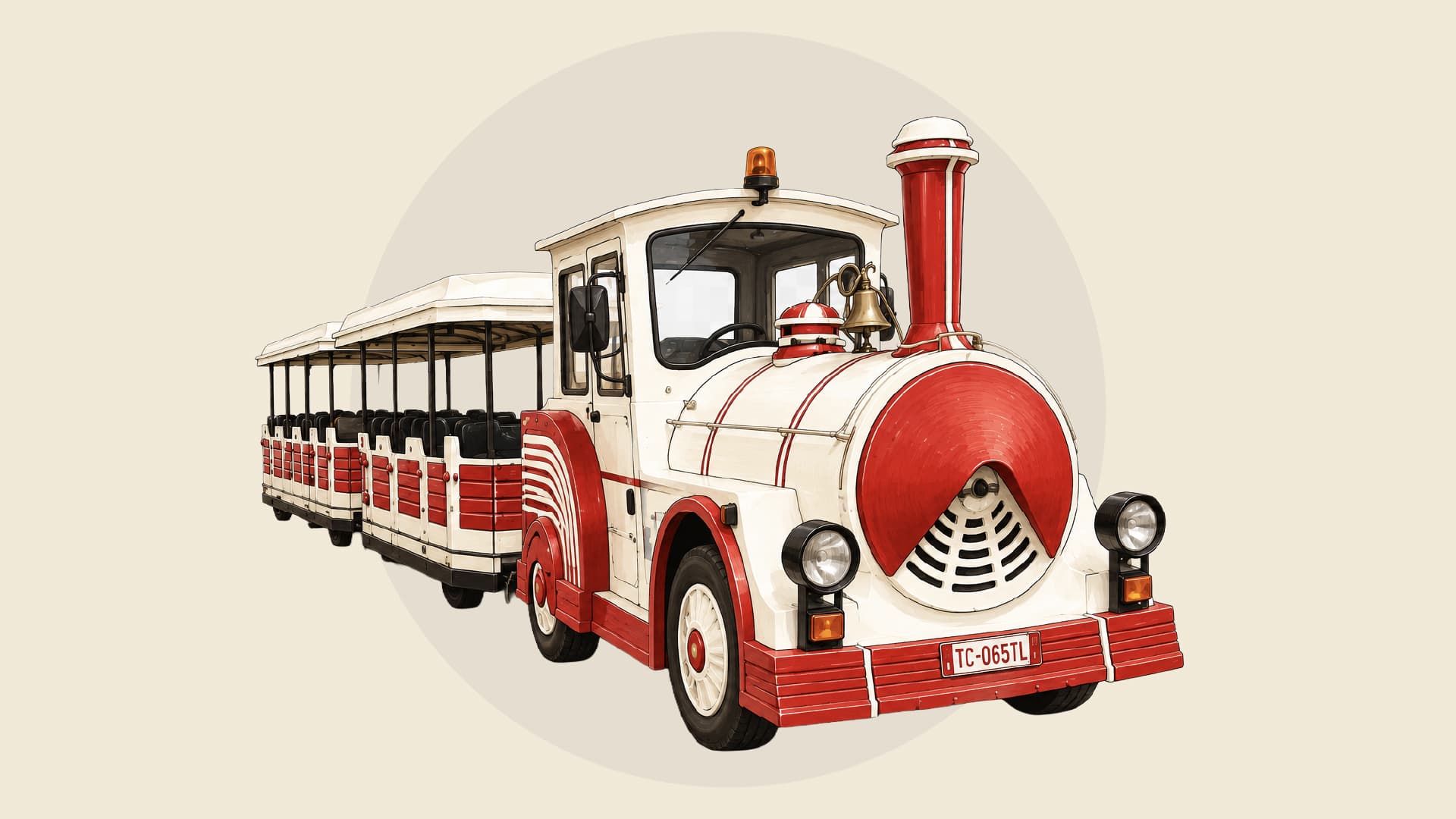 Illustrazione del trenino turistico bianco e rosso con i vagoni carichi di passeggeri